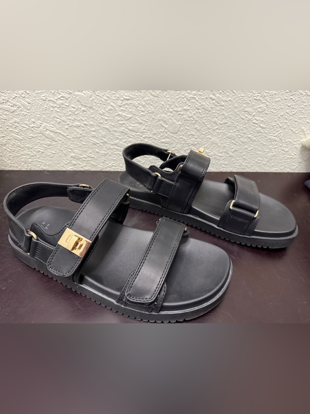 a new day Black Strapped Sandals with Gold Buckle